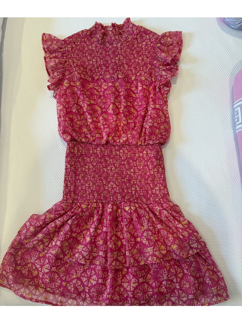 Aqua Pink Patterned Smocked Ruffle Dress for Kids